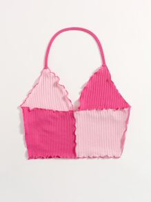 SHEIN EZwear Lettuce Trim Colorblock Halter  Top - Pink - View 2