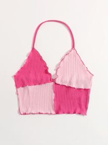 SHEIN EZwear Lettuce Trim Colorblock Halter  Top - Pink - View 3