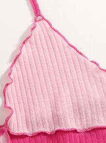 SHEIN EZwear Lettuce Trim Colorblock Halter  Top - Pink - View 4