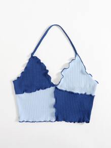 SHEIN EZwear Top halter de color combinado ribete en forma de lechuga - Azul - Ver 3