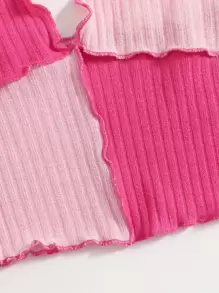 SHEIN EZwear Lettuce Trim Colorblock Halter  Top - Pink - View 5