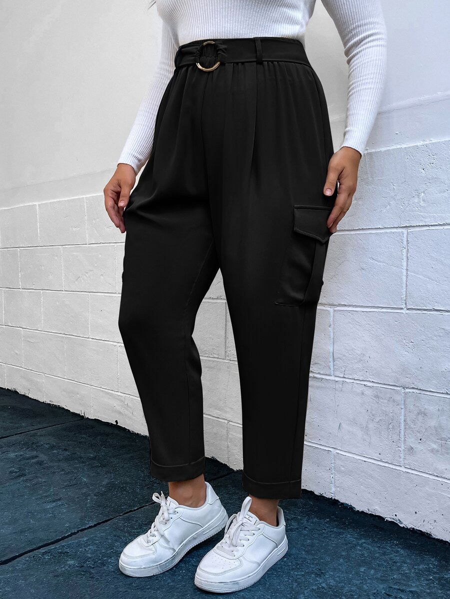 SHEIN EZwear 大碼翻蓋口袋腰帶工裝褲