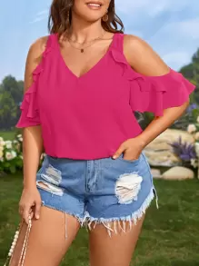 SHEIN LUNE Plus Cold Shoulder Ruffle Trim Blouse - Hot Pink - View 1