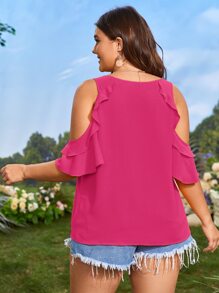 SHEIN LUNE Plus Cold Shoulder Ruffle Trim Blouse - Hot Pink - View 2