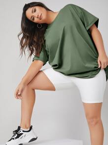 SHEIN BASICS Áo thun tay lỡ cỡ lớn - xanh quân đội - Xem 4