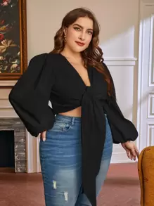 SHEIN Privé 大碼燈籠袖前繫帶短款上衣