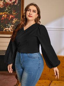 SHEIN Privé 大碼燈籠袖前繫帶短款上衣