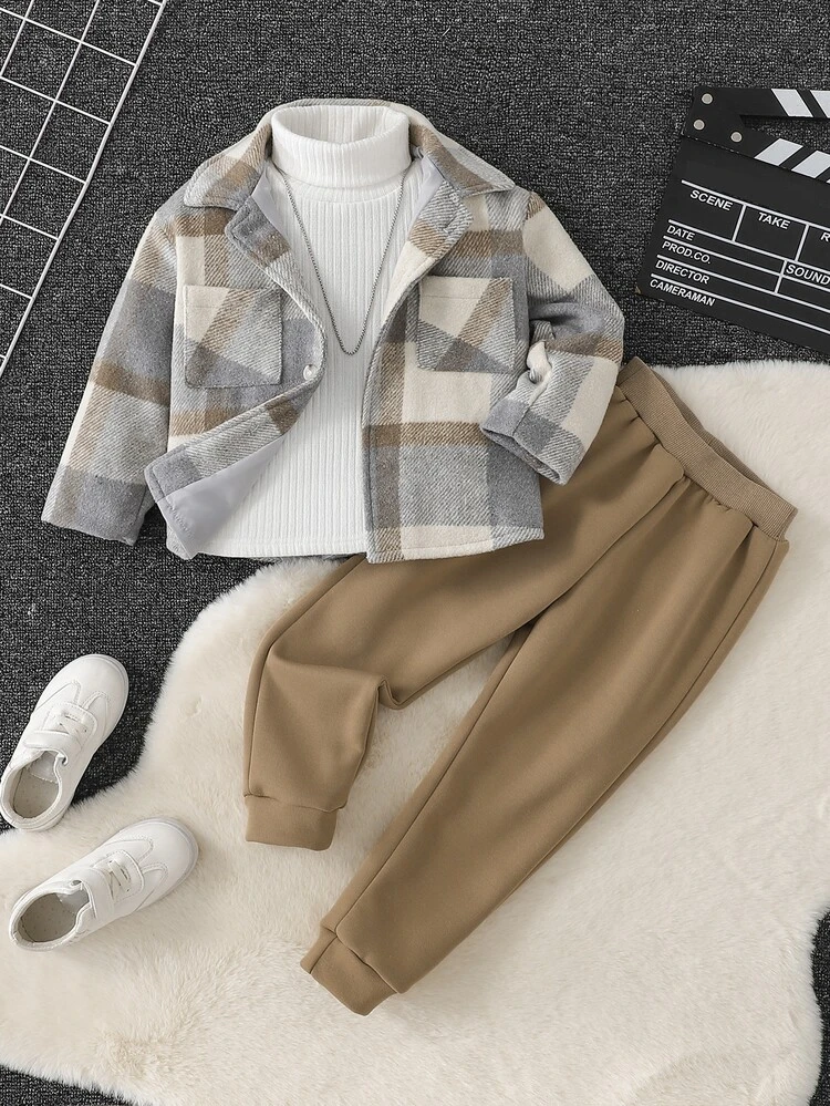 Young Boy Plaid Dual Pocket Jacket & Sweatpants Without Sweater