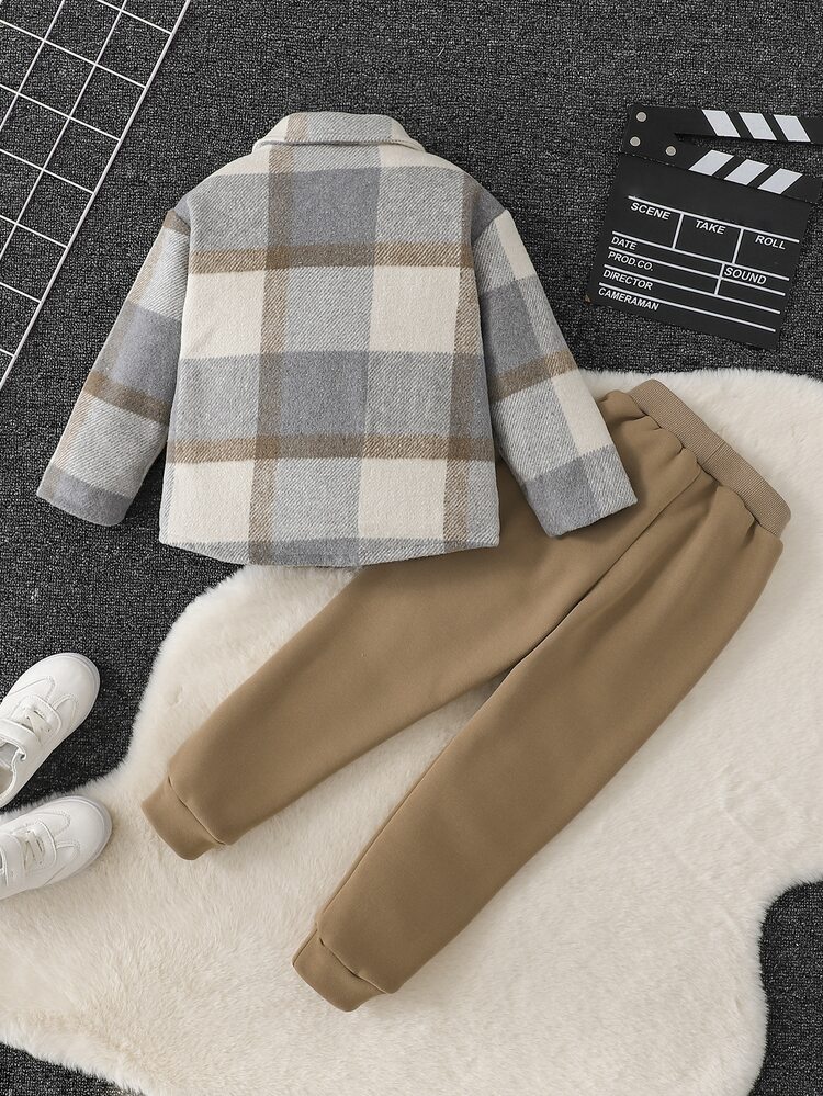 Young Boy Plaid Dual Pocket Jacket & Sweatpants Without Sweater