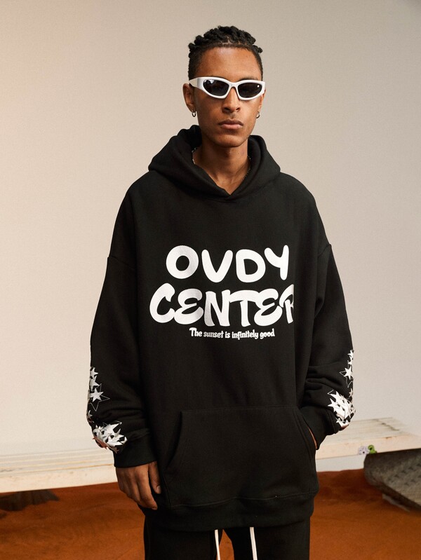 Männer Hoodie mit Buchstaben Grafik, Känguru-Tasche, Drop Shoulder