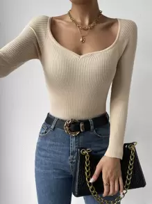 Chiquease Sweetheart Neck Ribbed Knit Jumper - Apricot - View 1