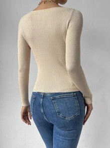 Chiquease Sweetheart Neck Ribbed Knit Jumper - Apricot - View 2