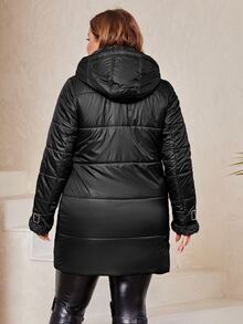 Astrid Plus Teddy Panel Hooded Padded Coat - Black - View 2