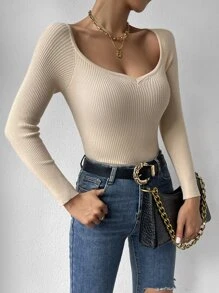 Chiquease Sweetheart Neck Ribbed Knit Jumper - Apricot - View 3
