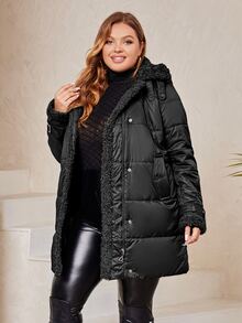 Astrid Plus Teddy Panel Hooded Padded Coat - Black - View 3