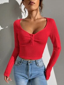 Muchica Half Button Ribbed Knit Tee - Red - View 2