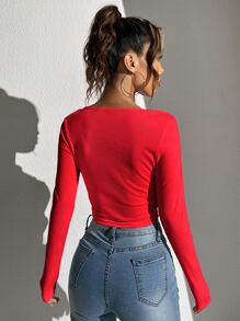 Muchica Half Button Ribbed Knit Tee - Red - View 3