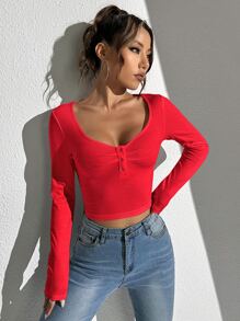 Muchica Half Button Ribbed Knit Tee - Red - View 4