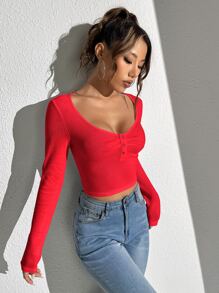 Muchica Half Button Ribbed Knit Tee - Red - View 5