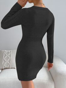 SHEIN Privé Cable Knit Bodycon Jumper Dress Without Belt - Black - View 2