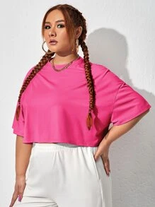SHEIN EZwear Plus Solid Drop Shoulder Tee - Hot Pink - View 4
