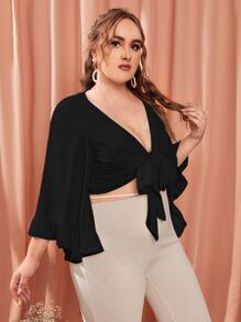 SHEIN VCAY áo nữ kích thước lớn Xù Thắt nơ trước màu trơn Gợi cảm - màu đen - Xem 3