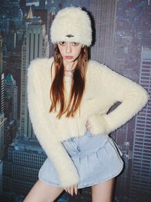 Cárdigan unicolor tapeta con botón tejido mullido - Beis - Ver 1