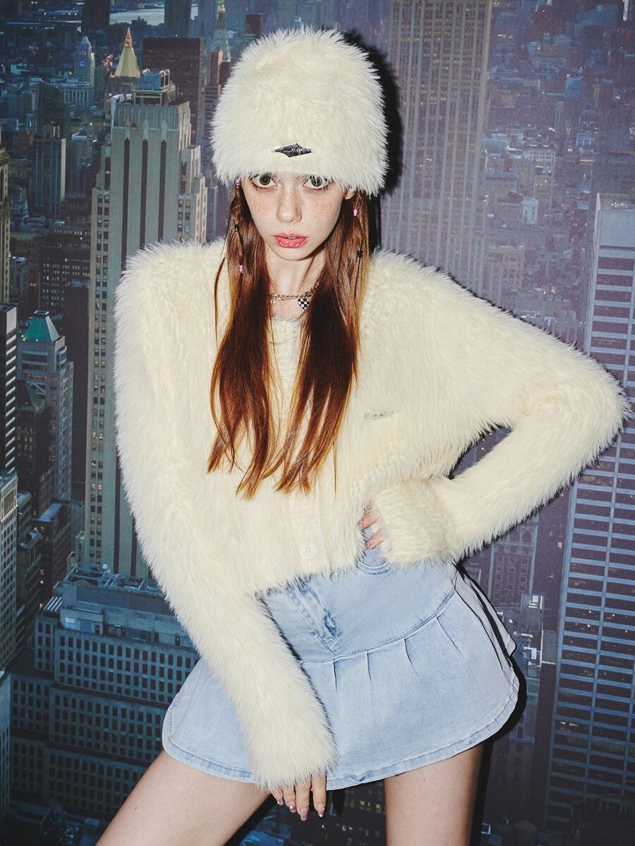 Cárdigan unicolor tapeta con botón tejido mullido - Beis - Ver 1