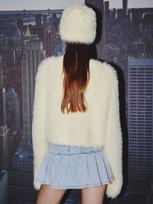 Cárdigan unicolor tapeta con botón tejido mullido - Beis - Ver 2