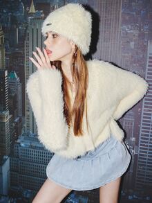 Cárdigan unicolor tapeta con botón tejido mullido - Beis - Ver 5