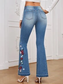 EMERY ROSE Floral Embroidery Flare Leg Jeans - Medium Wash - View 2