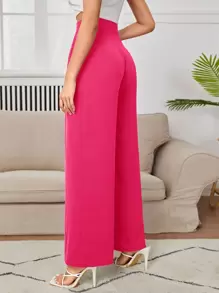 SHEIN PETITE Quần nữ Nút Dây kéo Xếp li màu trơn Giải trí - Màu Hồng Tươi - Xem 2