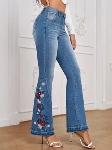 EMERY ROSE Floral Embroidery Flare Leg Jeans - Medium Wash - View 5