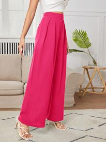 SHEIN PETITE Quần nữ Nút Dây kéo Xếp li màu trơn Giải trí - Màu Hồng Tươi - Xem 4