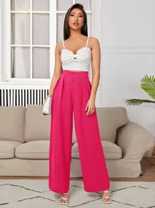 SHEIN PETITE Quần nữ Nút Dây kéo Xếp li màu trơn Giải trí - Màu Hồng Tươi - Xem 5