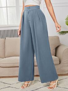 SHEIN PETITE High Waist Plicated Wide Leg Pants - Dusty Blue - View 4