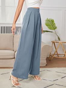SHEIN PETITE High Waist Plicated Wide Leg Pants - Dusty Blue - View 5