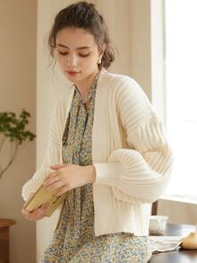 Knit Mix Casual Solid Color Batwing Sleeve Short Cardigan, Spring & Autumn - Beige - View 5
