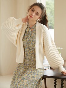 Knit Mix Casual Solid Color Batwing Sleeve Short Cardigan, Spring & Autumn - Beige - View 8