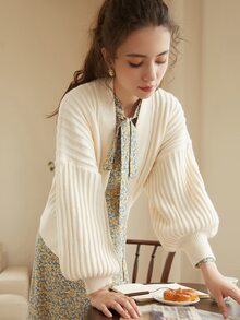 Knit Mix Casual Solid Color Batwing Sleeve Short Cardigan, Spring & Autumn - Beige - View 6