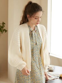Knit Mix Casual Solid Color Batwing Sleeve Short Cardigan, Spring & Autumn - Beige - View 7
