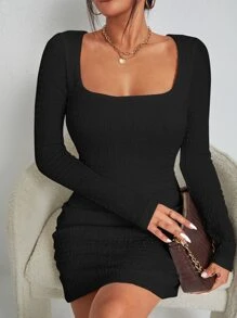 SHEIN Privé Đầm Cắt ra màu trơn Thanh lịch - màu đen - Xem 1