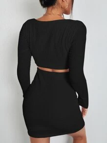 SHEIN Privé Đầm Cắt ra màu trơn Thanh lịch - màu đen - Xem 2