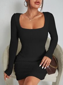SHEIN Privé Đầm Cắt ra màu trơn Thanh lịch - màu đen - Xem 3