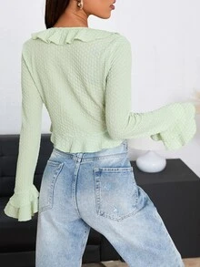 SHEIN Qutie Ruffle Trim Flounce Sleeve Crop Blouse - Mint Green - View 2