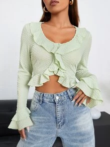 SHEIN Qutie Ruffle Trim Flounce Sleeve Crop Blouse - Mint Green - View 1