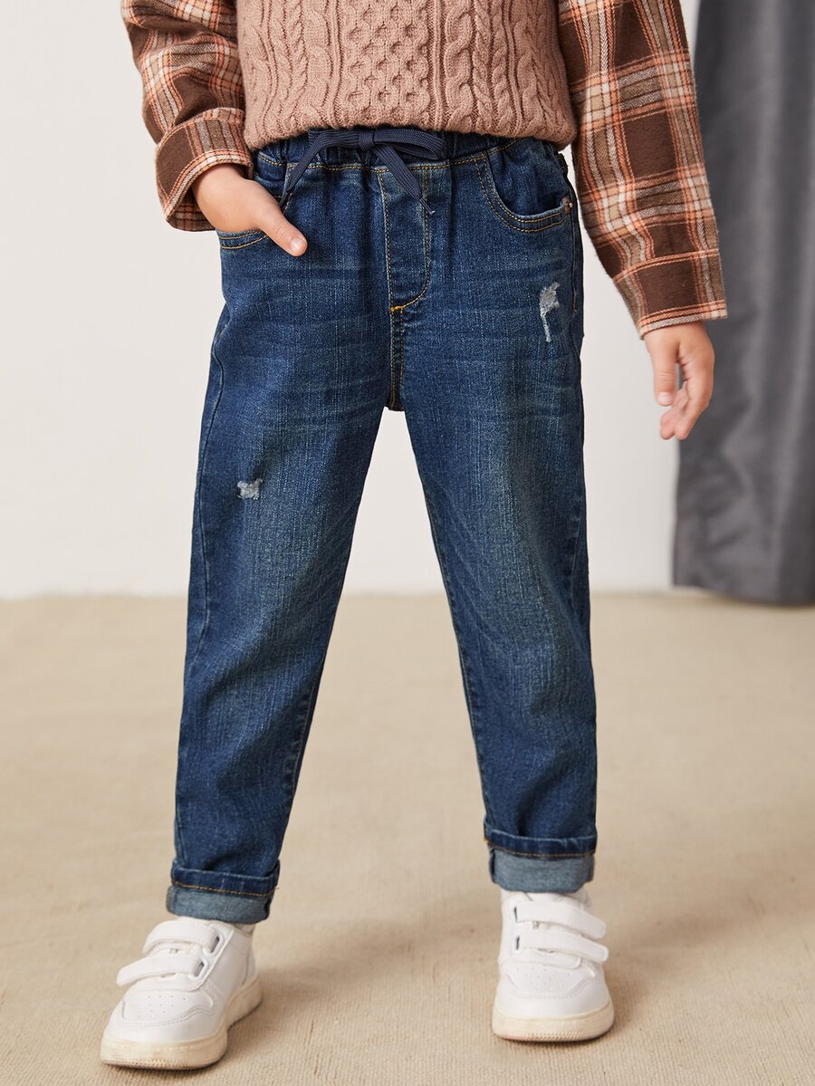 Niños Jeans desgarro con bolsillo oblicuo - Azul lavado oscuro - Ver 1