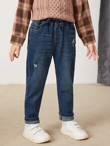 Niños Jeans desgarro con bolsillo oblicuo - Azul lavado oscuro - Ver 5