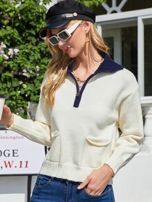 Knit Mix Jersey tapeta media con bolsillo delantero - Beis - Ver 6