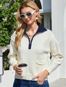 Knit Mix Jersey tapeta media con bolsillo delantero - Beis - Ver 7